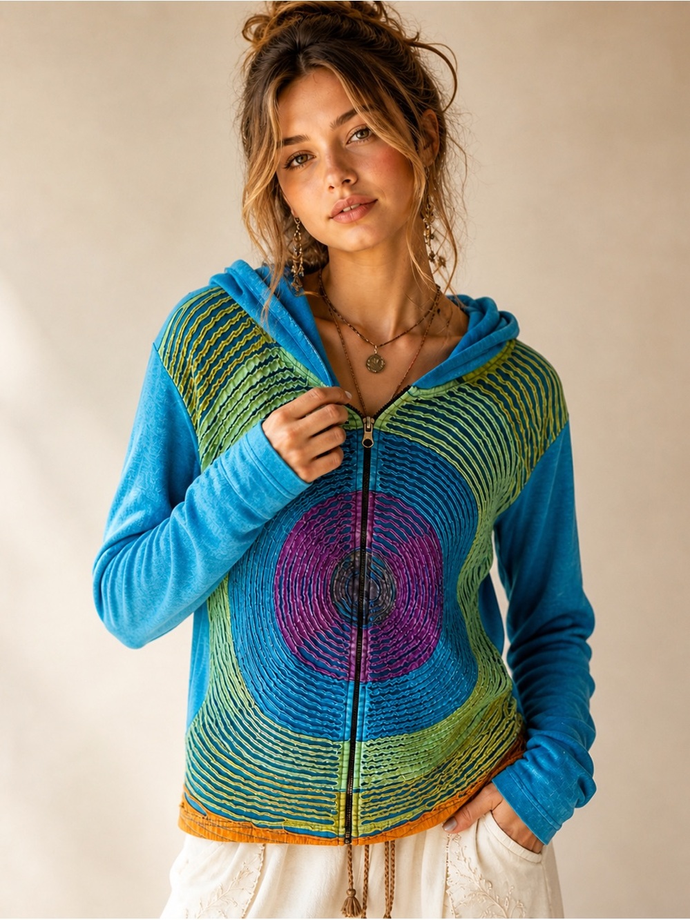 Textured Cotton Zip Hoodie Boho Artwear Festival Jacket